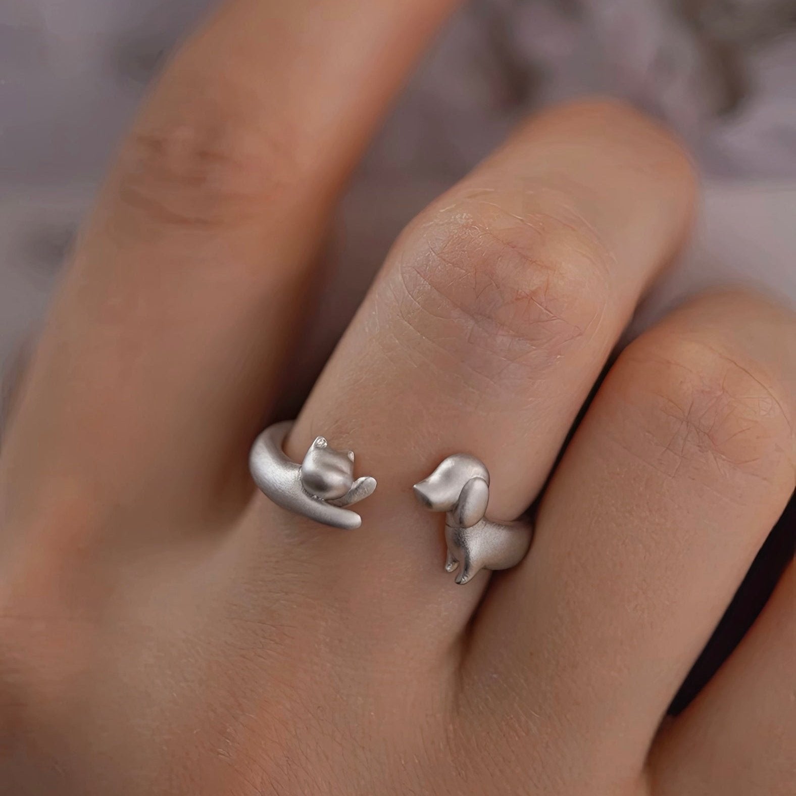 Silver Cat & Dog Ring