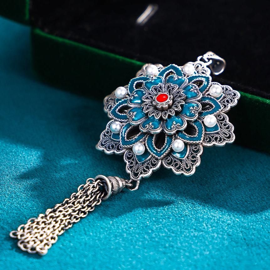 Pure Silver Enamel Filigree Lotus Pendant