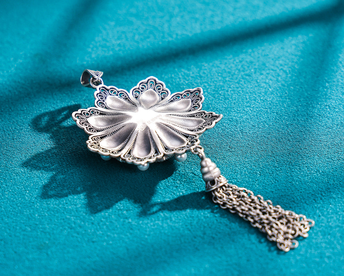 Pure Silver Enamel Filigree Lotus Pendant