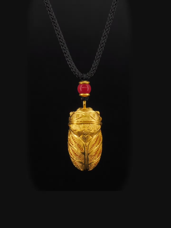 Golden Filigree Glow - Handmade Pure Gold Cicada Pendant